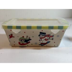 Temptations By Tara Holiday Snowman Mini Loaf Pan 12 Oz. Ovenware Plastic Lid
